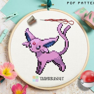 Espeon Cat Cross Stitch Pattern, Easy Stitch Tutorial, Pokemon Embroidery Pattern, DIY Craft, Gift for Kids, Included Stitch Guide