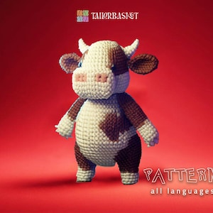 Può includere: Uno schema all'uncinetto per un giocattolo amigurumi di mucca marrone e bianca. Lo schema è disponibile in più lingue. L'immagine mostra il giocattolo finito su uno sfondo rosso.