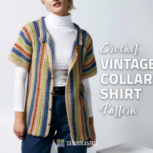 May include: A crochet vintage collared shirt pattern featuring a striped shirt with a white turtleneck underneath. The shirt is crocheted in blue, green, brown, and beige yarn.