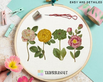 Bloemenboeket kruissteekpatroon, bloemen kruissteek, eenvoudig borduurpatroon, doe-het-zelf handwerk, tulpensteek, cadeau voor, meegeleverde steekgids