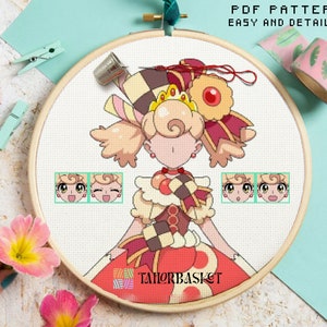 May include: Cross stitch pattern featuring a cartoon girl with blonde hair, wearing a red and white dress with a black and white checkered pattern. The pattern includes multiple facial expressions for the girl.