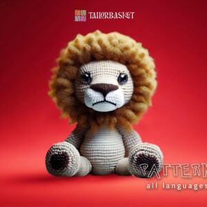 May include: A crocheted lion amigurumi toy sitting on a red background. The lion has a brown mane, a beige body, and black eyes. The text "PATTERN all languages" is at the bottom of the image.