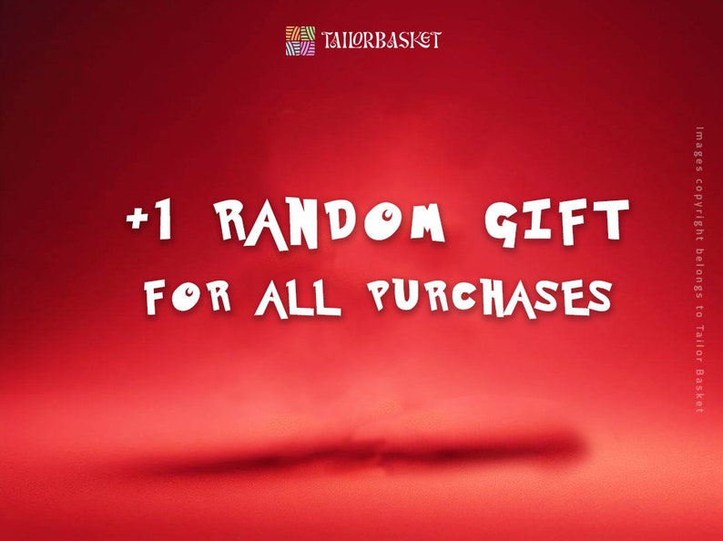 Puede incluir: Fondo rojo con texto blanco que dice " +1 REGALO ALEATORIO PARA TODAS LAS COMPRAS". El texto est&aacute; en una fuente de dibujos animados divertida.