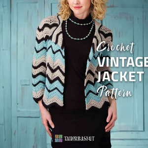 May include: A woman wearing a blue, brown and black crochet vintage jacket. The text "Crochet Vintage Jacket Pattern" is displayed on the image.