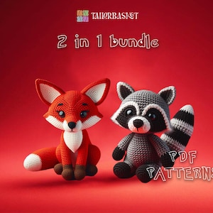 May include: A 2 in 1 crochet pattern bundle featuring a red fox and a gray raccoon. The PDF patterns are available for download. Images copyright belongs to Tailor Basket.