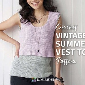 May include: A crochet vintage summer vest top pattern. The pattern is for a sleeveless top with a crocheted design. The top is in a light purple color and has a crocheted trim around the neckline and armholes.