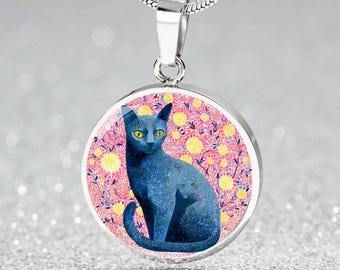 Russian Blue Cat Pendant Necklace, Bracelet or Keychain | Pink