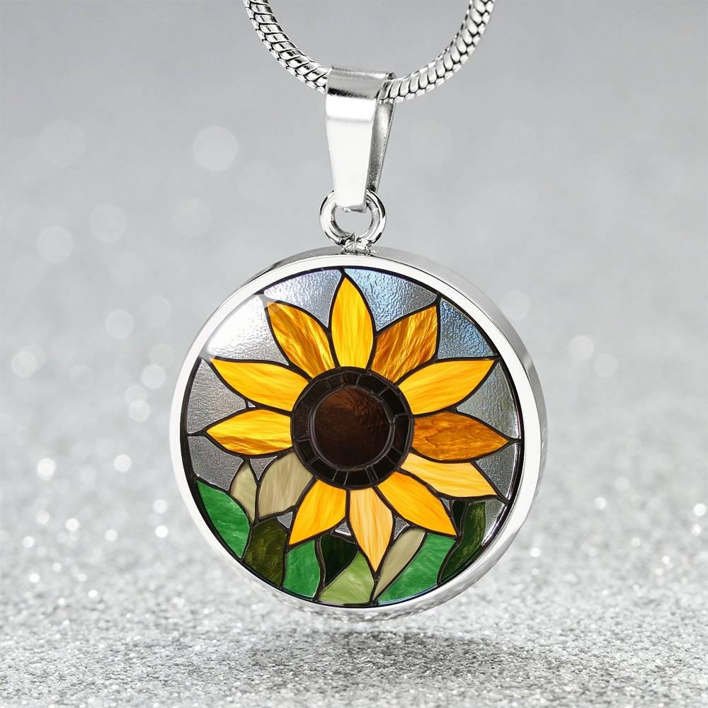Yellow Sunflower Stained Glass Style Pendant Necklace Gift for