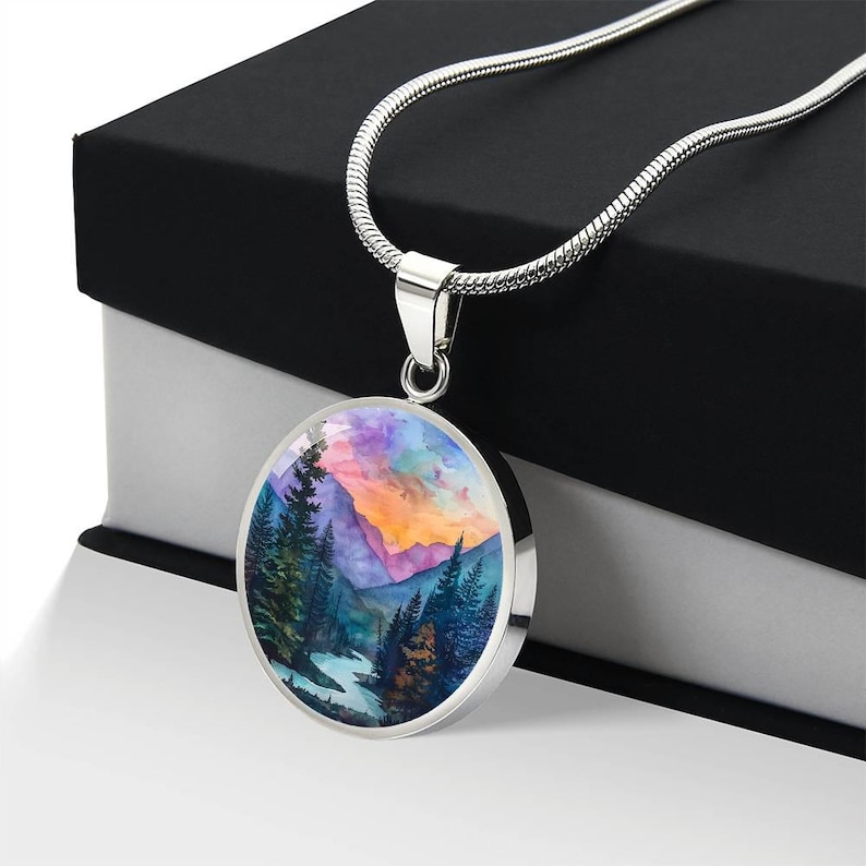 Hiking Camping Lover Charm Pendant Necklace, Bracelet, Keyring | Mountain Sunset Watercolor Gift 4 Her | Engraved Jewelry Gift 4 Nature Love image 7