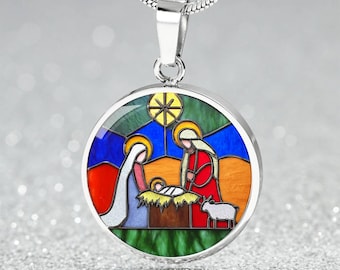 Christmas Nativity Pendant Necklace, Bracelet or Keychain | Faux Stained Glass Holy Family Jewelry | Color Religious Gift | Christian Faith