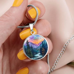 Hiking Camping Lover Charm Pendant Necklace, Bracelet, Keyring | Mountain Sunset Watercolor Gift 4 Her | Engraved Jewelry Gift 4 Nature Love image 10