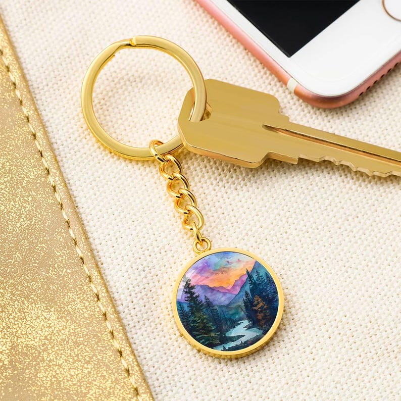 Hiking Camping Lover Charm Pendant Necklace, Bracelet, Keyring | Mountain Sunset Watercolor Gift 4 Her | Engraved Jewelry Gift 4 Nature Love Luxury Keychain (18K Yellow Gold Finish)
