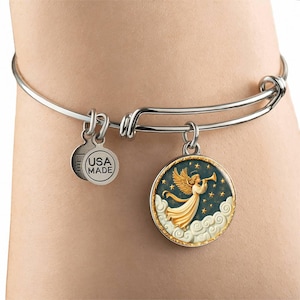 Angel of Light Pendant Necklace, Bracelet or Keychain | Archangel Gabriel Present | Celestial Guardian Jewelry | Comfort & Hope Keepsake Circle Pendant Silver Bangle