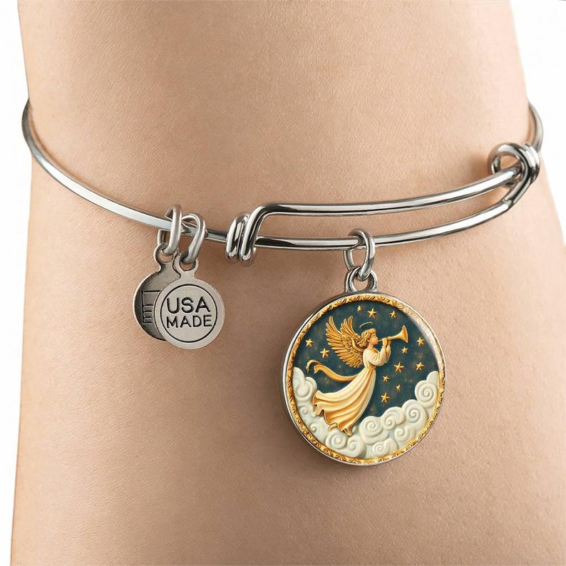 Angel of Light Pendant Necklace, Bracelet or Keychain | Archangel Gabriel Present | Celestial Guardian Jewelry | Comfort & Hope Keepsake Circle Pendant Silver Bangle