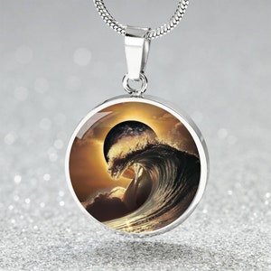 Custom Solar Eclipse 2024 Surfing Necklace | Personalized Celestial Pendant | Ocean Lover Sun & Waves Gift| Engraved Outdoorsy Jewelry Gift