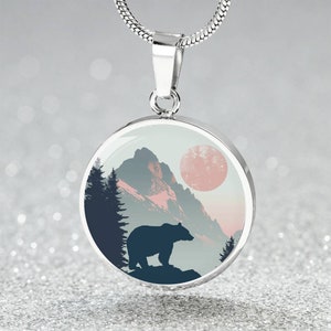 Bear Jewelry Gift for Outdoor Lover Necklace with Mountain Pine Trees Sun Gift Bracelet for Her Pastel Pink Nature Scene Hiking Camping Gift