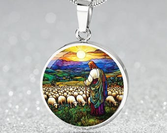 Schapen Jezus sieraden 4 her | Faux gebrandschilderd glas Verlosser Jezus cadeau 4 religieuze gelovige | Gegraveerde Faith-hangerketting, armband, sleutelhanger