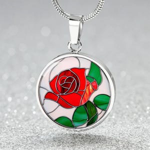 Red Rose Faux Stained Glass Necklace | June Birth Month Necklace, Bangle Bracelet, or Keychain | Birthday, Anniversary Jewelry Gift for Her