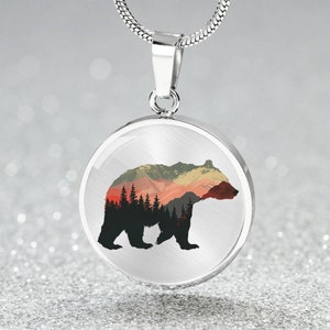 Mountain Bear Jewelry Gift for Outdoor Lover Necklace with Mountain Pine Trees Sun Gift Bracelet for Her Nature Scene Hiking Camping Gift