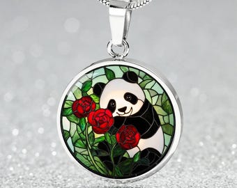 Faux Stained Glass Pendant Panda Necklace Gift 4 Her | Panda Lovers Gift | Personalized Floral Panda Charm Jewelry | Panda Bracelet Keychain