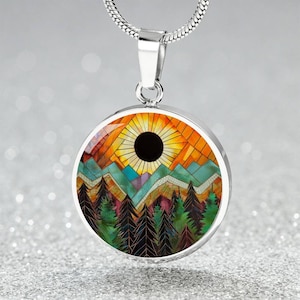 Solar Eclipse Artistic Mountain Eclipse Pendant Necklace | Engraved Celestial Charm Bracelet, Keyring | Unique Eclipse Jewelry| Nature Lover