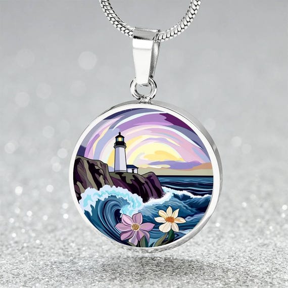 Purple Coastal Floral Engraved Necklace Ocean Jewelry Beach