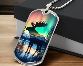 Moose Northern Lights Gift 4 Him | Aurora Borealis Bear Jewelry 4 Men | Personalized Gift 4 Boyfriend | Nature Lover Engraved Wilderness Key