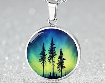 Pine Trees Pendant Aurora Borealis Necklace Gift for- Her| Personalized Mothers Day Outdoor Pendant | Engraved Northern Lights Bracelet