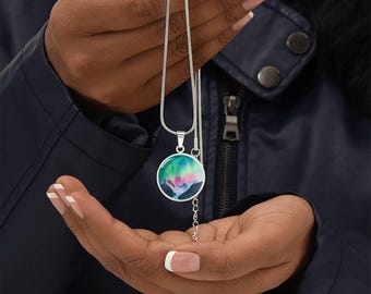 Watercolor Aurora Borealis Necklace | Engraved Alaska Glacier