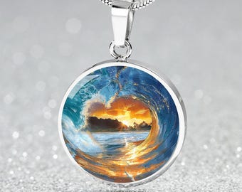 Personalized Ocean Wave Surfing Jewelry | Engraved Beach Pendant Necklace Gift | Hawaii Vacation Charm Bracelet | Keychain 4 Beach Lover