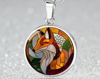 Fauxed Stained Glass Fox Pendant Necklace Gift 4 Her | Personalized Spirit Animal Bracelet FoxJewelry | Engraved Fox Lover Keychain for- Him