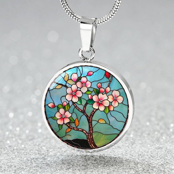 Sakura Tree Landscape Jewelry Gift for Her | Faux Stained Glass