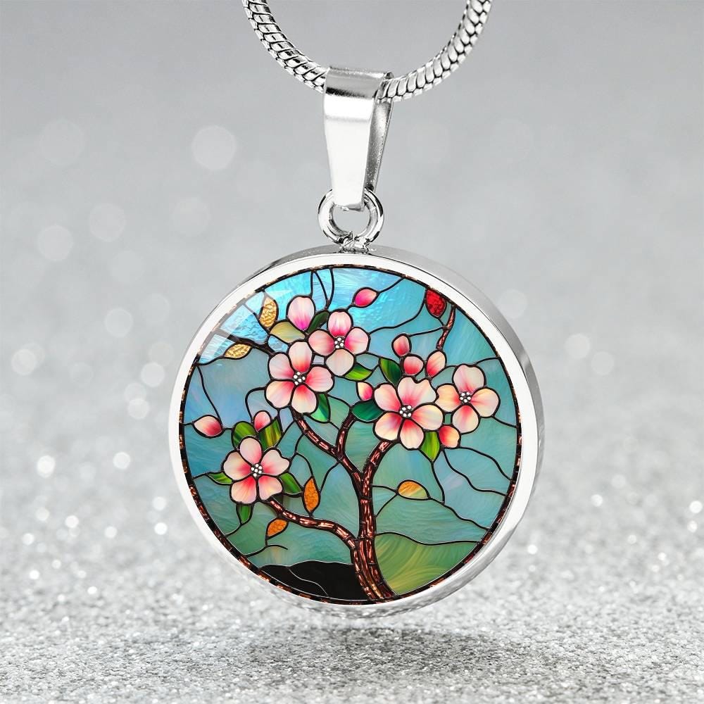 Sakura Tree Landscape Jewelry Gift for Her | Faux Stained Glass