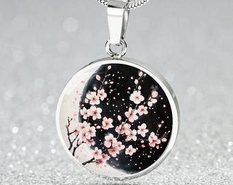 Moon Pendant Sakura Cherry Blossom Necklace | Cherry Blossoms Bracelet | Night Sky Gift | Cherry Blossom Keychain | Floral Gifted Jewelry