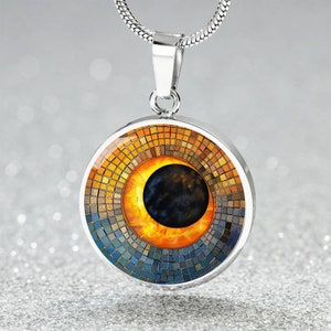 Total Solar Mosaic Art Eclipse Pendant Necklace | Engraved Celestial Charm Bracelet, Keyring | Custom Eclipse Jewelry| Nature Lover Gift