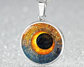 Total Solar Mosaic Art Eclipse Pendant Necklace | Engraved Celestial Charm Bracelet, Keyring | Custom Eclipse Jewelry| Nature Lover Gift