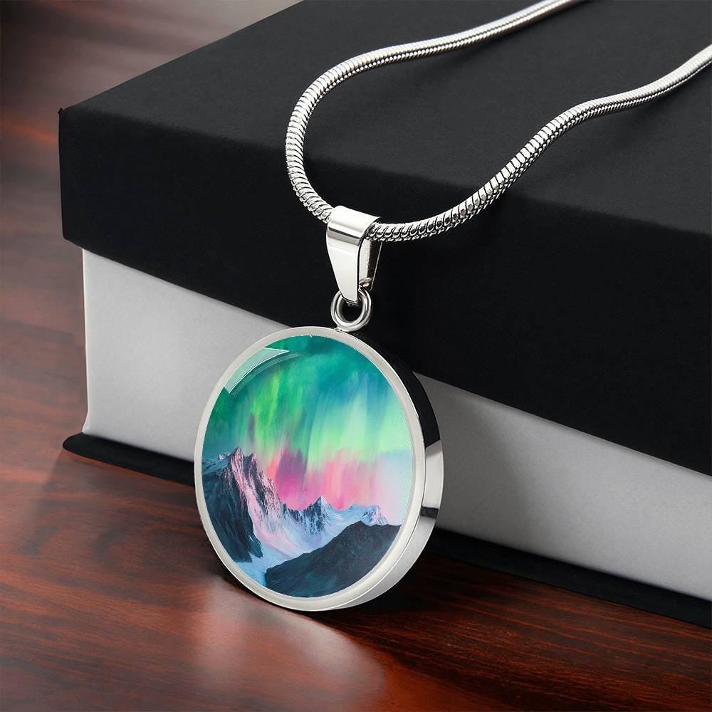 Watercolor Aurora Borealis Necklace | Engraved Alaska Glacier