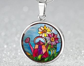 Gardener Faux Stained Glass Watering Can Jewelry | Whimsical Gardening Charm Necklace, Bracelet, Keyring Gift | Novelty Garden Gift 4 Her