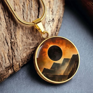 Mountain Total Solar Eclipse Pendant Necklace | Engraved Celestial Charm Bracelet, Keyring | Custom Lunar Eclipse Jewelry| Nature Lover Gift