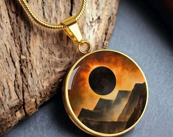 Collar con colgante de eclipse solar total de montaña/pulsera con dije celestial grabado, llavero/joyería de eclipse lunar personalizada/regalo para amantes de la naturaleza