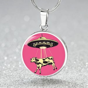 Alien Cow Abduction UFO Necklace Gift 4 Her | Quirky Charm Jewelry Engraved | Y2K Colorful Cow Bracelet | Unique Space Keychain Gift 4 BFF
