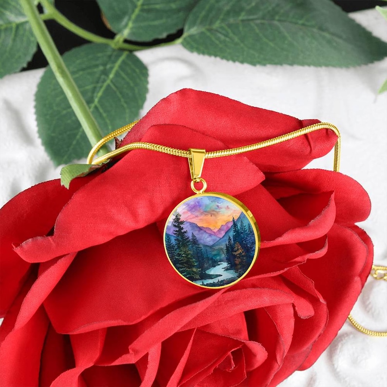 Hiking Camping Lover Charm Pendant Necklace, Bracelet, Keyring | Mountain Sunset Watercolor Gift 4 Her | Engraved Jewelry Gift 4 Nature Love image 14