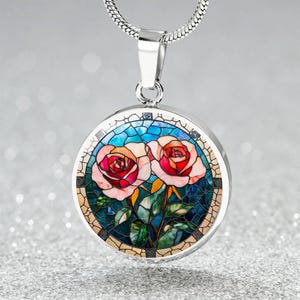 2 Pink Roses Necklace Faux Stained Glass Jewelry | June BirthMonth Gift, Bangle Bracelet, or Keychain | BirthdayPresent, Anniversary Jewelry