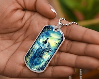 Howling Wolf Jewelry 4 Men Personalized Silver Wolf Dog Tag 4 Him Engraved Wolf Art Keychain 4 Her Spirit Animal Jewelry Gift 4 Nature Lover