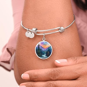 Hiking Camping Lover Charm Pendant Necklace, Bracelet, Keyring | Mountain Sunset Watercolor Gift 4 Her | Engraved Jewelry Gift 4 Nature Love Circle Pendant Silver Bangle