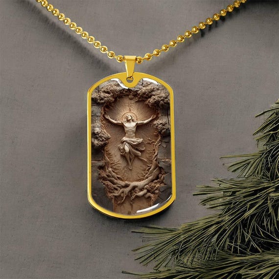 Resurrection Dog Tag Necklace or Keychain | Wood Carved Style