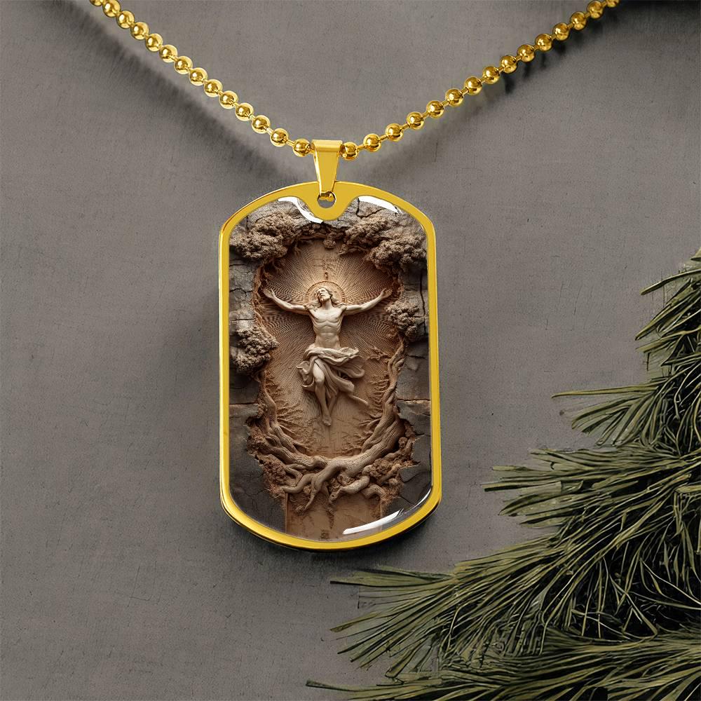 Resurrection Dog Tag Necklace or Keychain | Wood Carved Style