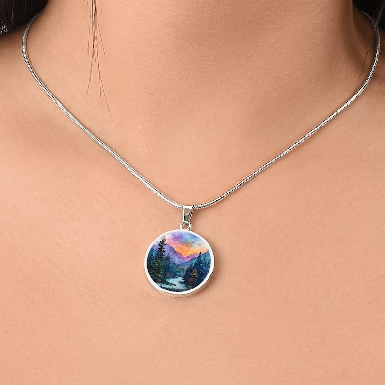 Hiking Camping Lover Charm Pendant Necklace, Bracelet, Keyring | Mountain Sunset Watercolor Gift 4 Her | Engraved Jewelry Gift 4 Nature Love Luxury Necklace (Silver)