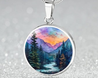 Hiking Camping Lover Charm Pendant Necklace, Bracelet, Keyring | Mountain Sunset Watercolor Gift 4 Her | Engraved Jewelry Gift 4 Nature Love