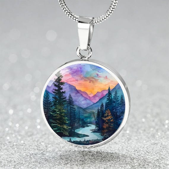 Hiking Camping Lover Charm Pendant Necklace, Bracelet, Keyring | Mountain Sunset Watercolor Gift 4 Her | Engraved Jewelry Gift 4 Nature Love